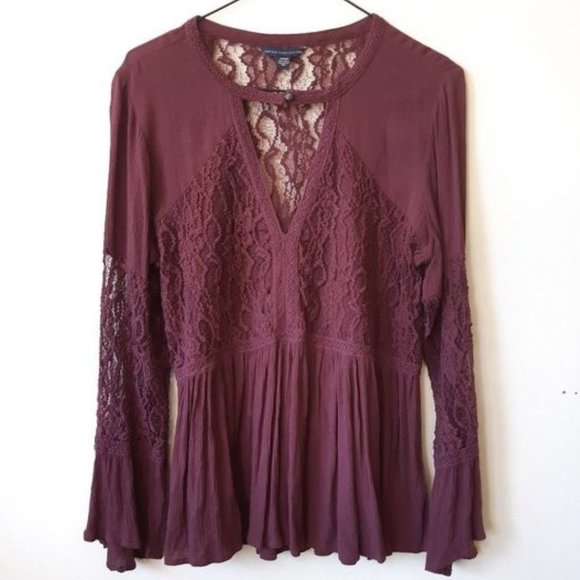 American Eagle burgandy sheer chiffon blouse size Medium - Picture 1 of 3
